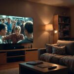 "Kényelmes nappali sötét megvilágítással, nagy képernyős televízión filmjelenet látható több szereplővel, előtérben kanapé takaróval és távirányítóval, ilustrálva az online filmnézés otthoni élményét"