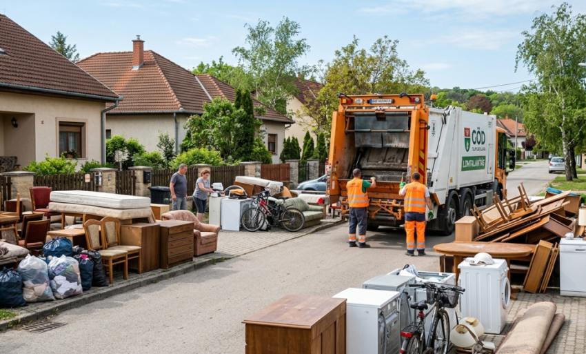 Göd feliratú sárga és fehér kukásautó és munkások szedik össze a kerti hulladékot és az elöregedett háztartási eszközöket egy magyarországi kertvárosi utcában.