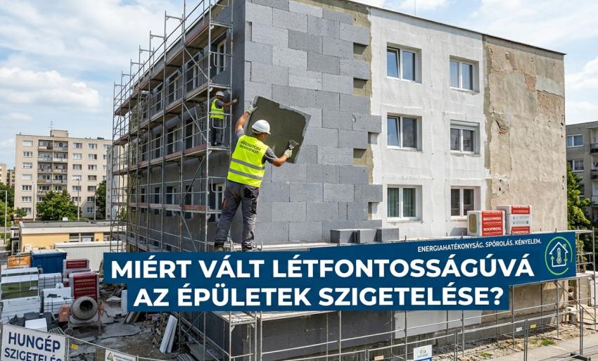 Épület homlokzatának hőszigetelése grafitos szigetelőlapokkal és állványzaton dolgozó munkásokkal.